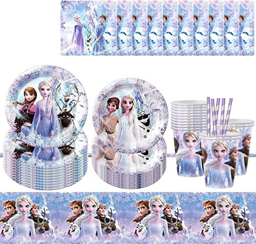 Frozen Geburtstagsdeko,51 Stück Partygeschirr Geburtstag Frozen Partygeschirr Set,Kindergeburtstag Party Tableware Supplies mit Tischdecke Servietten,für Mädchen Eiskönigin Geburtstagsdeko,Party Deko