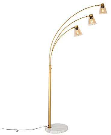 Qazqa - Art Deco Bogenlampe Bronze mit Marmor und Braunglas 3 Lichter - Nina I Wohnzimmer I Schlafzimmer - Länglich - LED geeignet E27