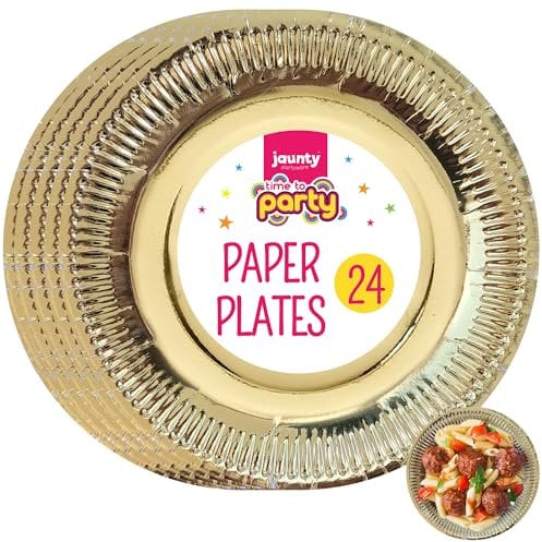 SOL 24pk Gold Paper Plates - 9 Disposable Party Plates for Birthdays, Weddings, and Celebrations - Sturdy for All Foods, Matches Decorations, Perfect for Desserts, Kids Crafts, and Easy Cleanup