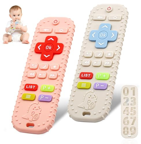 Baby Beißspielzeug, 2 Pcs Fernbedienung Beißring, Silikon Zahnungshilfe Baby BPA-frei, Zahnen Nursing Zubehör für 3+ Monate Babe (Weiss + Rosa)