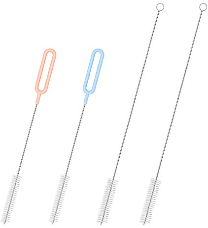 RUNNING-WATER Straw Cleaner Brush Set, 4-Piece Extra Long Colorful Straw Cleaning Brush for Tumbler, Water Bottle, Sippy Cup and Pipes, Tubes or Some Hard-to-Reach Areas.(Pink+Blue+Clear)
