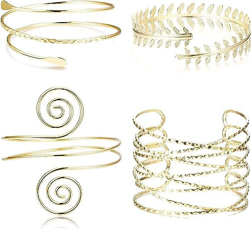 Diamday 4Pcs Oberarm Cuff Armband Armreif für Damen Verstellbares Glatt Offen Viktorianischer Filigraner Wirbel Boho Spiral Handgelenkwickel Minimalistischen Feder Blatt Manschetten Armband