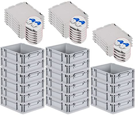 PROREGAL SuperSparSet 16x Eurobox NextGen Grip mit Scharnierdeckel und blauen Schiebeschnappverschlüssen, HxBxT 12x30x40cm, 11 L, Grau, Griffe geschlossen, Eurobehälter, Transportbox