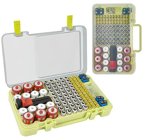 Battery Organizer Storage Case with Tester Checker. Batteries Holder Box Container for 120+ AA AAA 9V C D Lithium CR2025 CR1632 CR2032 Coin Cell Battery with Wall-Mounted Design -Green