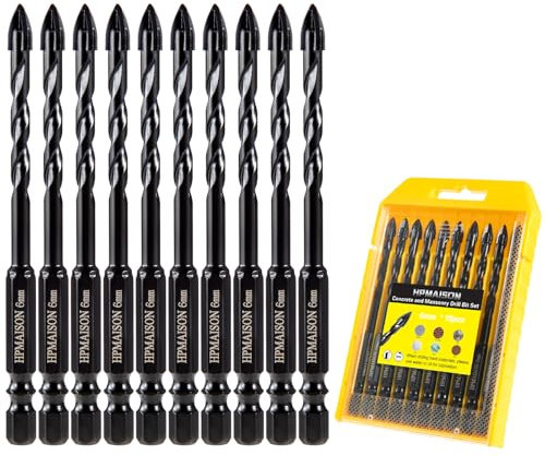 HPMAISON Steinbohrer Set, 6mm Fliesenbohrer Glasbohrer 10tlg. mit 4 Schneiden Hartmetallspitze für Keramikfliesen, Ziegelmauer, Beton, Wandspiegel, Glas, Kunststoff, Holz und Mauerwerk