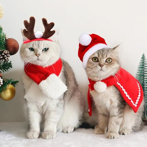 Weihnachtskostüm Katzen Hunde, 4 Stück Haustier Kostüm Weihnachten Kleidung Rentier Geweih Stirnband Weihnachtsmütze Schal Mantel, Rot Katzenbekleidung Weihnachts Outfit Geschenk für Klein Hund Katze