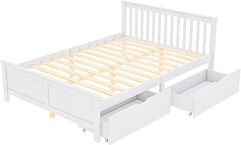 Azkoeesy Weiß Doppelbett, Stauraumbett, mit 2 Schubladen, mit Kofpteil und Lattenrost, Jugendbett, Kinderbett, Gästebett, Kiefernholz (140 x 200 cm)