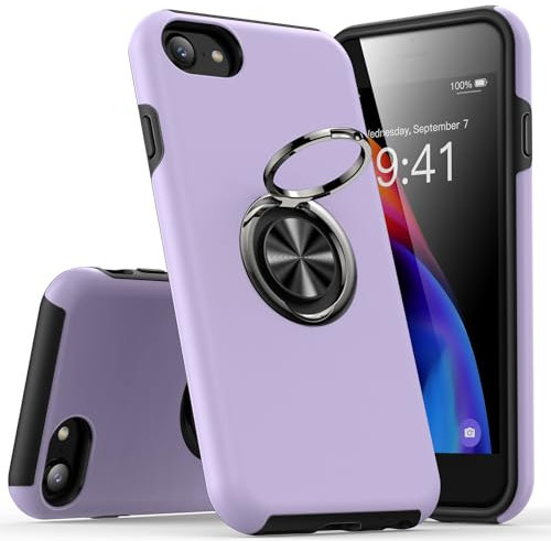 KRAFTCARE Case Compatible for iPhone SE 2022 & 2020, iPhone 8 & 7 Case with Kickstand Ring, Shockproof Anti Scratch 360° Magnetic Ring Stand Phone Case Cover Compatible for iPhone SE/8/7 - Purple