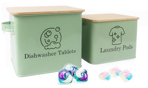 Xbopetda Set of Laundry Powder Bin & Dishwasher Pod Holder, Laundry Detergent Powder Storage Box with Scoop Wooden Lid & Handles, Metal Dishwasher Tablets Bin for Home Organization and Storage - Green