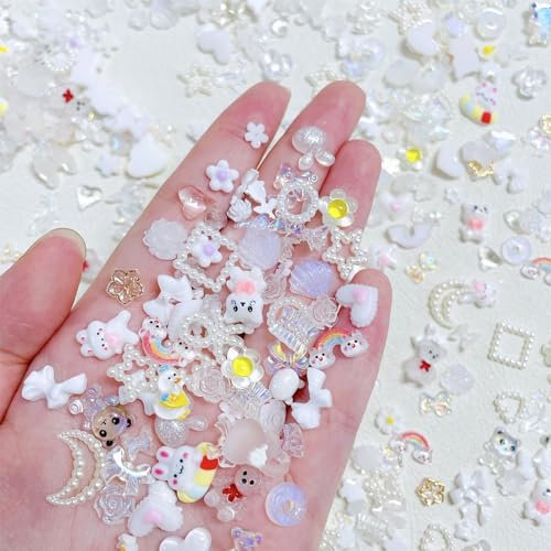 Nail Art Dekoration, 200 Stück Nägel Strasssteine 3D Nail Art Charms, Herz Bär Schmetterlings Schleife Nagel Schmuck für Mädchen Frauen DIY Nagel Dekor (Mix-E White)