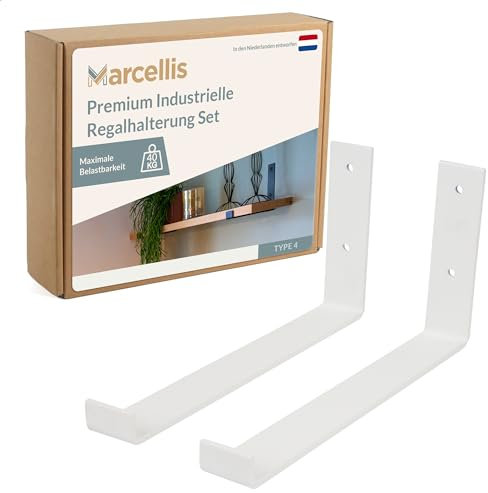 Marcellis Premium Regalhalterung XL für 30 cm breite Bretter, Matt Weiß, 2x Industrielle Regalhalterungen (40 kg Tragkraft) - Hochwertige Verarbeitung und Montagematerial - 15x4x30,2 cm (HxWxD)