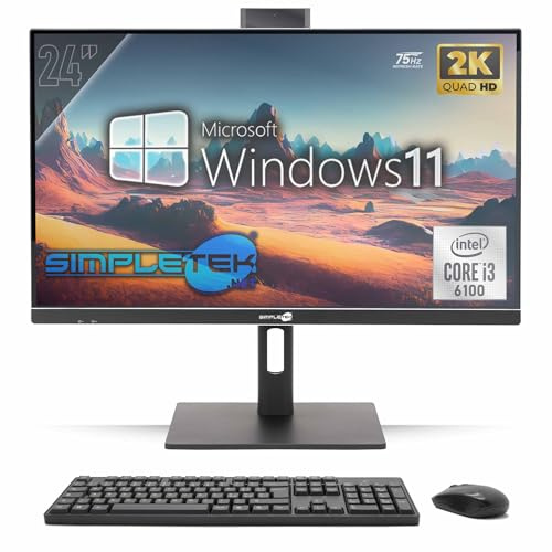 SIMPLETEK - All-in-One PC 24 2K 75Hz Core i3 | Windows 11 Pro 8GB RAM und SSD 240GB | Computer All-in-One VESA-Anschluss Webcam Built-in Stand verstellbar