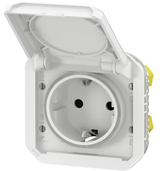 LEGRAND, Plexo 069640L - Enchufe para ambientes húmedos, estándar Schuko, incluye tapa, protección táctil, bornes, 16 A, 250 V, IP44 - IK08 (IP55 con la tapa cerrada), color blanco