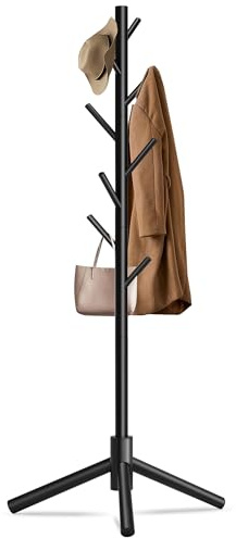 Unisakey Durable Wooden Coat Rack, Freestanding Coat Rack with Stable Triangular Base, 8 Hooks & 3 Adjustable Heights, Simple Assembly for Bedroom, Hallway, Office(New Black)