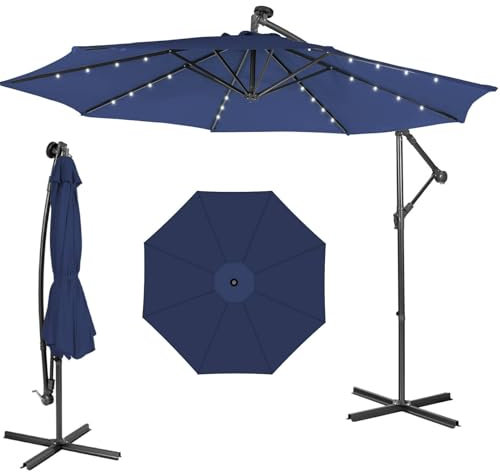 TANGZON 10 FT/3M Outdoor Cantilever Umbrella with 32 LED Lights, Garden Parasol with 8 Sturdy Ribs, Easy Tilt Mechanism, Steel Base, Patio Market Offset Umbrella for Backyard Pool Lawn (Navy)
