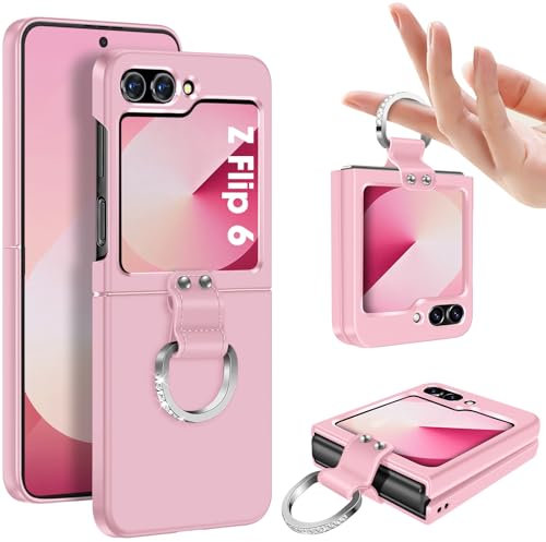 Coque Z Flip 6, Coque pour Samsung Z Flip 6 avec Anneau Bague Paillettes Diamant, Coque Galaxy Z Flip 6 Antichoc Anti-Rayures Rigide PC Étui Housse de Protection Ultra Fine Légère Case Cover (Rose)