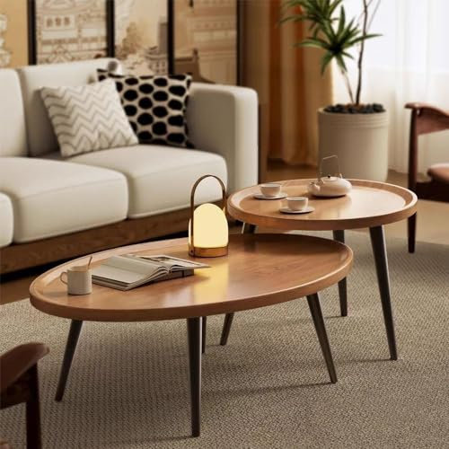 BSTHOK Nesting Coffee Table Set, coffee tables for living room with storage,low round wooden End Table nest of tables, tea side table, with Tray Organizer Storage (Nature)