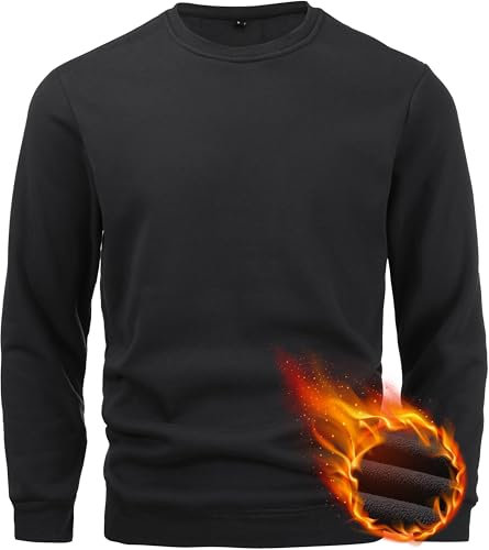 Peakwell Herren Rundhals Fleece Sweatshirts Warme Gefütterte Pullover Basic Langarm Shirts (Schwarz, XXL)