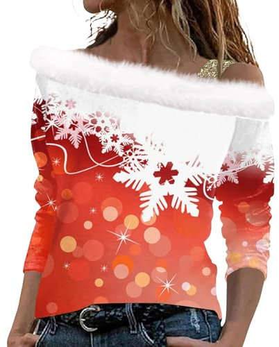 Weihnachtspullover Damen Off Shoulder Plüsch Schulterfrei Weihnachts Sweatshirt Weihnachten Langarmshirt Slim Fit Pullover mit Weihnachtsmotiv Elegant Oberteile Ugly Christmas Shirt(Watermelon Red,L)