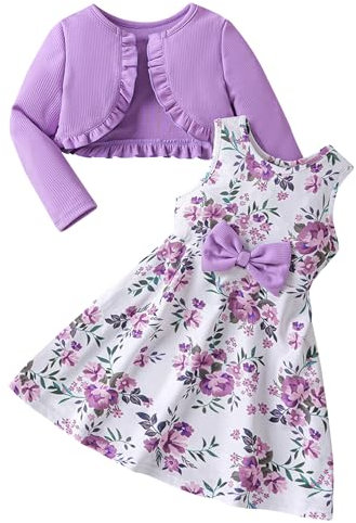 Happy Cherry - Abito cardigan da bambina con maniche lunghe bolero per matrimoni, feste, con stampa floreale, casual, 2 pezzi, per primavera, autunno, inverno - 80-130 cm, Lilla, 120 cm-130 cm