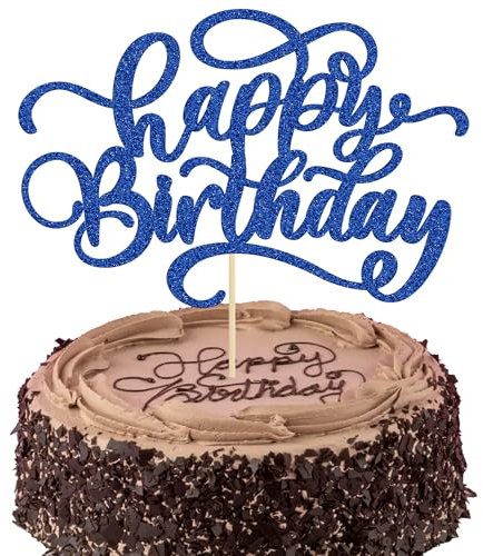 Ephlyn 1Pc Happy Birthday Cake Topper Glitter Birthday Sign Cake Pick Decoration for Happy Birthday Theme Boys Girls Baby Shower Birthday Party Cake Decorations Dark Blue