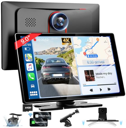 9'' HD Portable Carplay Screen for Car with 4K Dash Cam & 1080P Backup Camera DVR, Car Audio Receivers with Carplay & Android Auto Touch Screen, GPS Navigation, Mirror Link, Voice Control