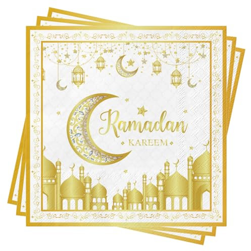 Ramadan Servietten, 40 Stück Eid Mubarak Ramadan Papierservietten Weiß Gold Stern Mond Eid Tisch Servietten Dekoration 33x33 cm