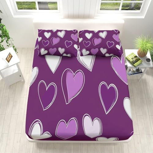 Herz Spannbettlaken 180x200cm Lila Bettlaken 3D Erwachsener Spannbetttuch 180x200 Spannbetttücher Topper 30 cm höhe Weiche Mikrofaser mit 2 Kissenbezügen a.353