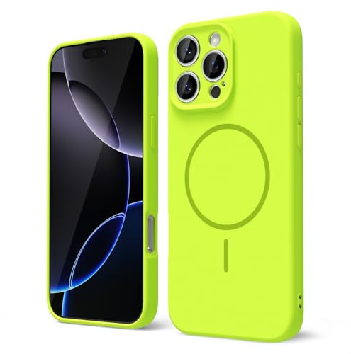 oakxco for iPhone 16 Pro Max Case Silicone Mag Safe, Magnetic Slim Thin Phone Case Compatible with Magsafe, Women Girls Cute Girly Bright Fluorescent Rubber Safecase with Camera Cover, Neon Green