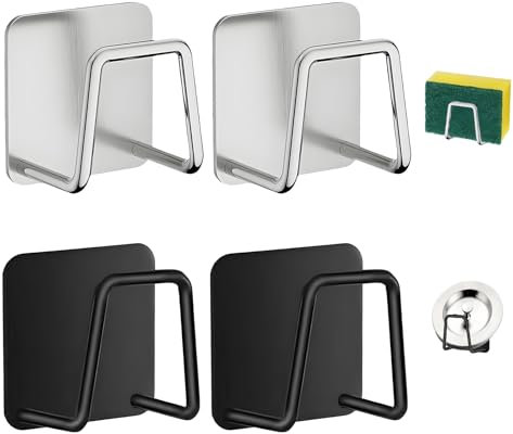 ZFRITP 4 Pcs Range Porte Eponge Evier Cuisine en Acier Inoxydable, Support Eponge Evier Cuisine, Range Eponge Evier Auto Adhesif, Rangement De La Cuisine Et La Salle De Bain, Argenté Et Noir