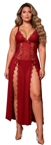 ohmydear Vestito Lungo in Pizzo con Scollo a V Camicia da Notte Donna Schien Aperto Intimo Lingerie Babydoll Traspirante Spalline Regolabili con T-String