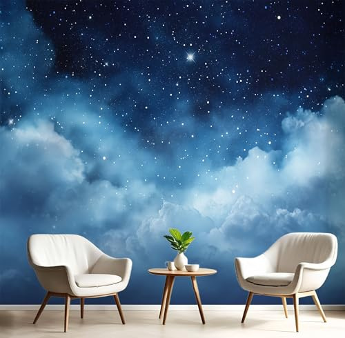 Fantasie Sternenhimmel Seide Foto Tapete Geheimnisvoller Nachthimmel Fototapete Panorama XXL Wandtapete 3d Effekt Wand Dekoration für Wohnzimmer Schlafzimmer Küchen, Blau