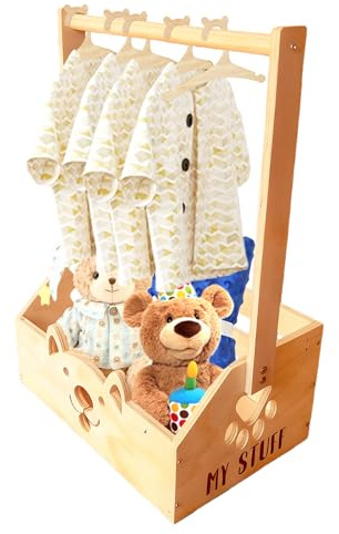 Holz Baby Geschenk Korb mit Griff und 5 Kinder Kleiderbügel, Babyparty Schrank Holz Baby Aufbewahrungskorb, Personalisierte babykorb Holzkiste für Geburtstage Weihnachten Neue Eltern (Bären)