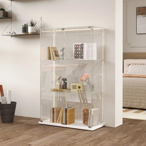 MEXUS Vitrine en Verre, Armoire de Collection Verticale avec Bande Lumineuse LED, avec 2 Portes et Serrure de sécurité, Conception à 3 Couches, Facile à Nettoyer, adaptée au Salon, au Bureau (Blanc)