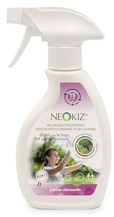 Spray Répulsif Anti-moustique Neokiz Textile et Vetements 250mL | Protection Longue Durée 14 Jours, 100% d'origine végétale, Base de Citriodiol et Lavandin, Adapté pour toute surface textile