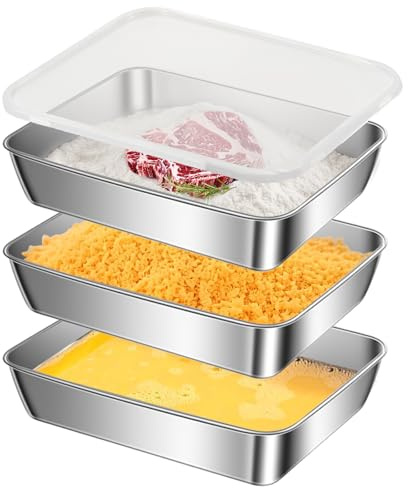 Dulynva Panierschalen Set 3-Teilig, Edelstahl Panier-Set 25,5 x 20 x 5 cm Panierstraße Schnitzel mit Deckel, Leicht zu reinigen, Stapelbar Panierschalen für Fleisch, Fisch und Gemüse