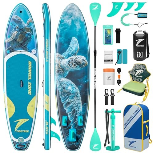 TIDETREK 11'/11'15.2 cm x 83.8 cm/86.4 cm x 15.2 cm aufblasbares SUP Paddle Board - Extra breites, stabiles Stand Up Paddle Board mit Premium Full Zubehör Set für Erwachsene & Jugendliche