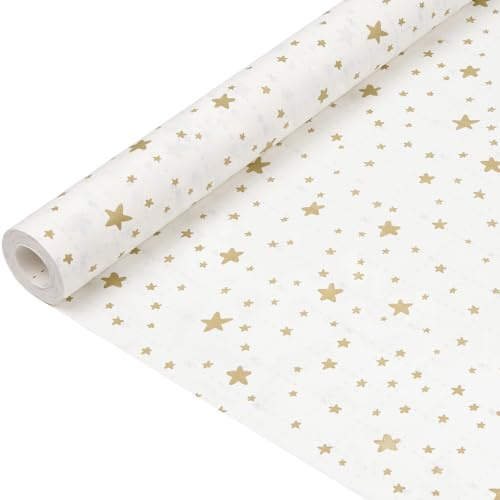 15 m Geschenkpapierrolle: Weißes Papier mit goldenem Sternenmuster, recycelbar, ideal zum Verpacken von Geschenken zu Weihnachten, Geburtstag, Hochzeit und Valentinstag – 43 cm x 15 m