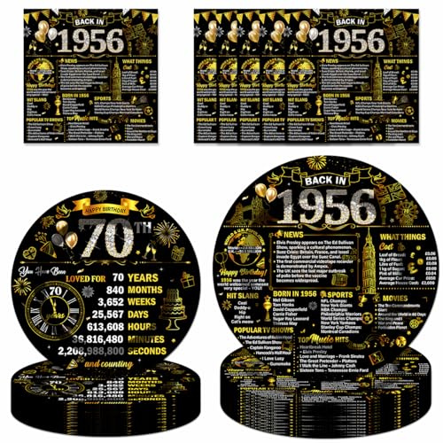 72Pcs Black Gold 70th Birthday Decorations Tableware Set Back in 1956 Paper Plates Napkins Happy Birthday 70th Disposable Tableware Decor for Women Men 70 Year Old Bday Party Favor Serve 24 Guests