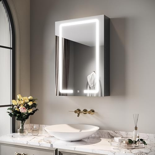 SIRHONA Armoire de Toilette avec Étagère à Maquillage 50x70cm, Armoire Miroir Salle de Bain et LED éclairage Réglable avec Prise, 3X Loupe Réglable, Armoire à Pharmacie, Gris éclatant