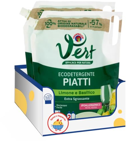 Ecodetergente Piatti Limone e Basilico 1L – Ricarica Naturale Chanteclair Vert – Detergente Ecologico (2 pezzi)