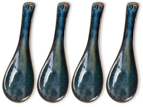 Asiatische Suppenlöffel Set, 4 Stücke Japanische Art-Blaue Keramik Suppenlöffel,Ideal für Ramen, Asiatische Suppen und Desserts, Spülmaschinenfest und Gesund