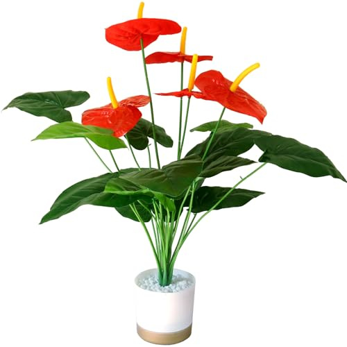 Realistic Fake Plants, 65cm Indoor Artificial Red Anthurium Plants with Pots, Faux Potted Tropical Tree Plant for Living Room, Table, Bathroom, Bedroom, Home Decor
