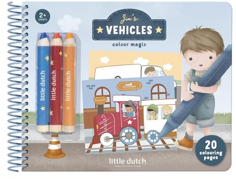 Little Dutch Malbuch mit Buntstiften - für Kleinkinder ab 2 Jahren - mit Fahrzeug Motiven zum Ausmalen und leere Seiten - Jim's Vehicles