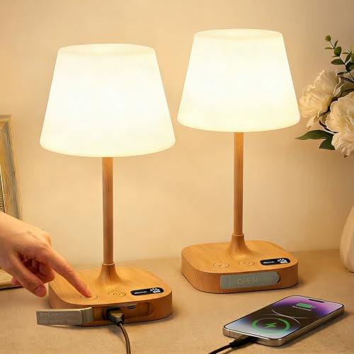 2 Piezas Lamparas Mesita de Noche Inalambrica con Puertos de Carga USB | Lamparas Sin Cables LED Táctil Recargable, Luz LED Ajustable con 3 Temperaturas de Color & Memoria para Dormitorio, Salón