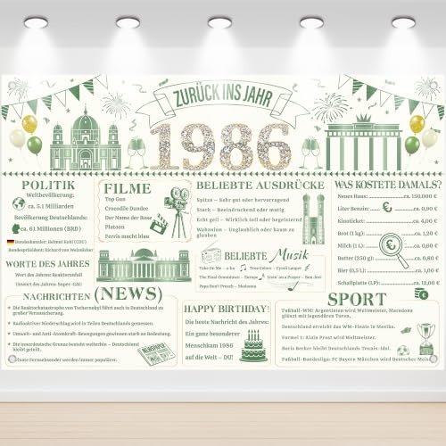 40 Geburtstag Deko Frau Banner - 1 Stück Grün Gold für 40 Jahre Frauen | Poster Hintergrund Zurück ins Jahr 1986 für 40 Jahre Frau