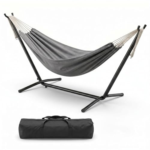 Doppel Hängematte mit pulverbeschichtetem Stahlgestell bis 200 kg Belastbar | 213x150cm Liegefläche Outdoor Garten Balkon Camping Hängematten-Set inkl. Oxford Tragetasche