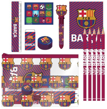 Schreibwaren-Set FC Barcelona für Jungen und Mädchen, 7-teiliges Set mit Bleistiften, Gummi, Anspitzer, Lineal, Notizbuch und mehrfarbiger Eva-Etui, offizielles Lizenzprodukt zum Schulbeginn