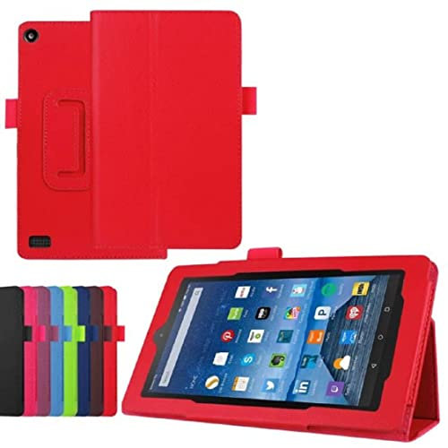 SATURCASE Case for Amazon Fire 7 2017 2019, PU Leather Flip Folding Folio Stand Protective Cover for Amazon Fire 7 2017 2019 released (7th, 9th Generation) (Red)