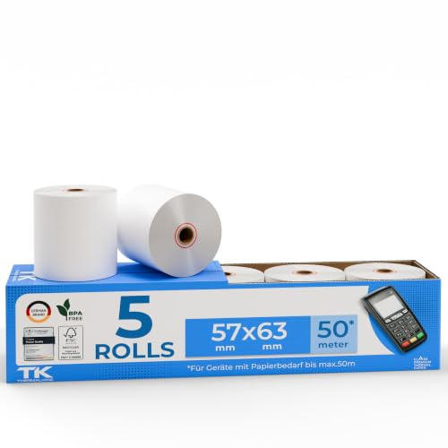 THERMALKING Thermorollen 57mm x 63mm x 12mm - Bonrollen 57x63x12 Thermo - Kassenrollen Thermopapier - Für Registrierkasse mit Bondrucker - Geeignet für Drucksysteme mit Papierbedarf bis 50m (5 Stk)